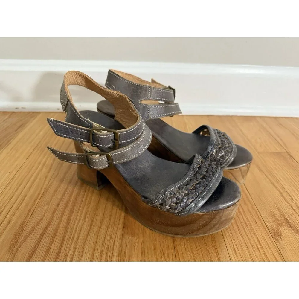 Bed Stu Womens 7.5 Kenya Sandals Distressed Leather Platform Chunky Wooden Heels - Picture 1 of 13